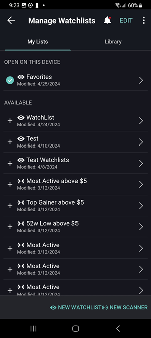 The manage watchlists and scanners menu on the Android Phone.